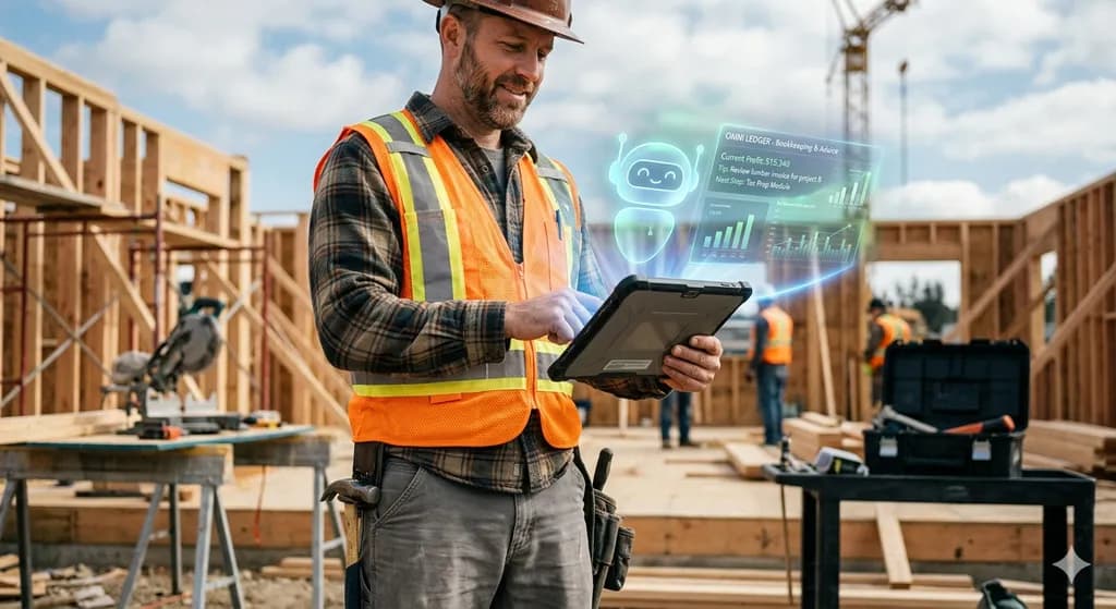 Contractor on job site using OmniLedgr on a tablet